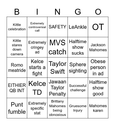 Super Bowl Bingo Card