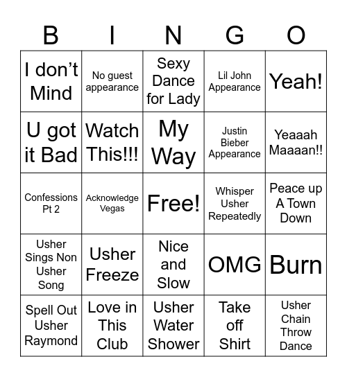 Usher Halftime Show Bingo Card