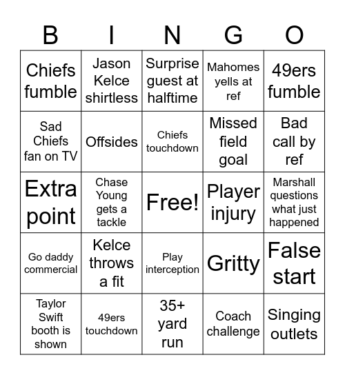 Superbowl Bingo Card