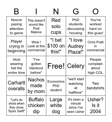 Jackson's superbowl Bingo Card