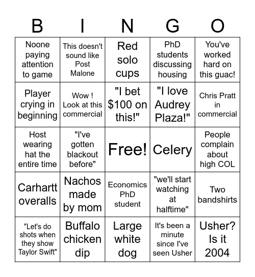 Jackson's superbowl Bingo Card