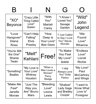 Hit Love Songs Bingo Card