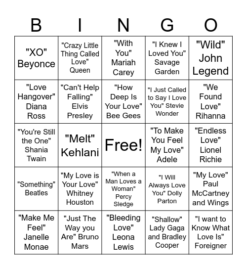 Hit Love Songs Bingo Card