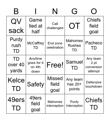 Superbowl Bingo Card