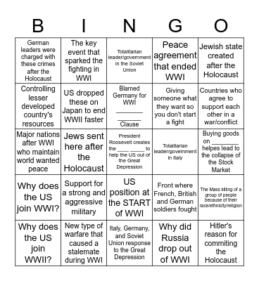 WWI, Great Depression, WWII BINGO! Bingo Card