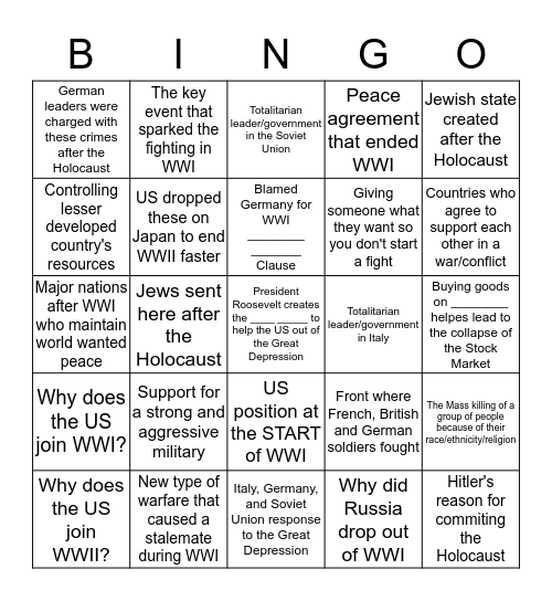 WWI, Great Depression, WWII BINGO! Bingo Card