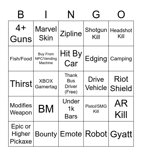 Fortnite Bingo Card