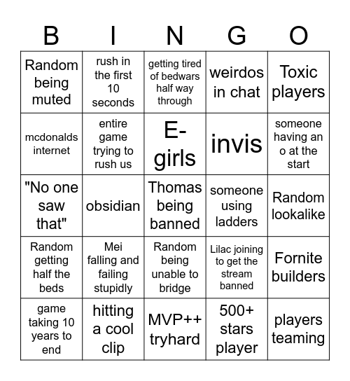 Bedwars Bingo Card Bingo Card