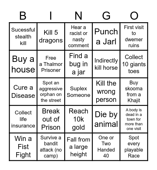 Skyrim Bingo Card