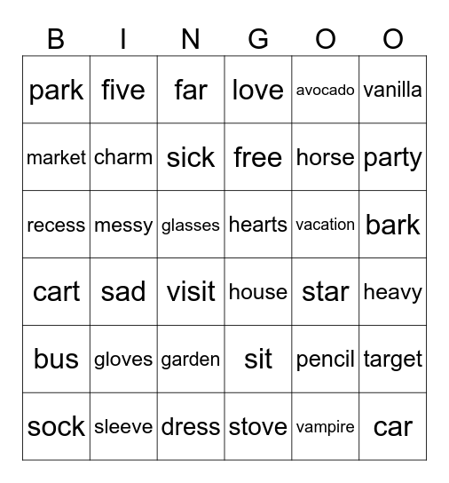 s, ar, v, Bingo Card