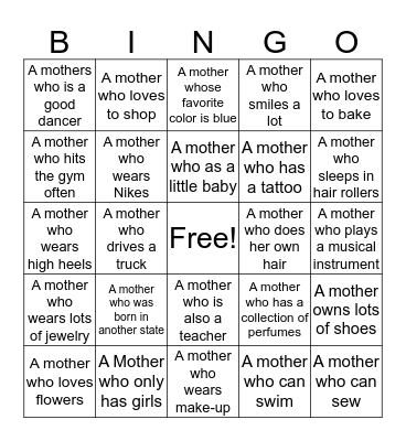 Mothers' Day Bingo Card