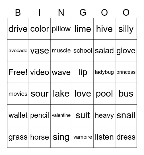 s, l, v Bingo Card