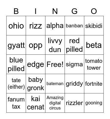 gen alpha bingo Card