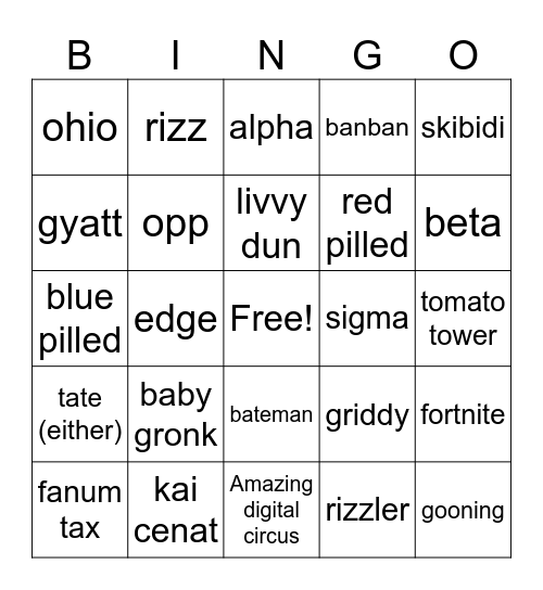 gen alpha bingo Card