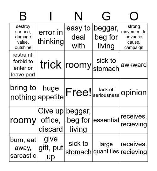 Unit 12 Bingo Card