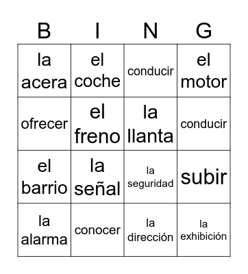Partes del Carro Bingo Card