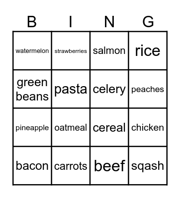 food grou bingo Card