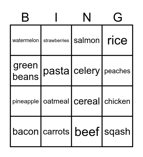 food grou bingo Card