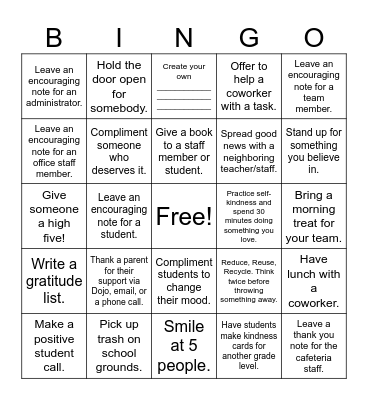 Staff Kindness Challenge Bingo Card