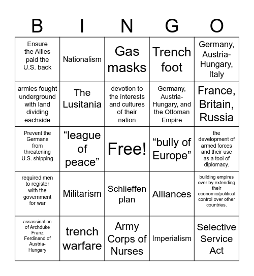 WWI BINGO Card