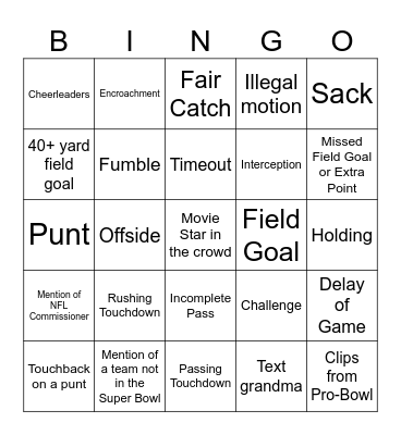 Super Bowl Bingo! Bingo Card