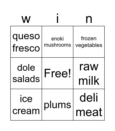 listeria Bingo Card