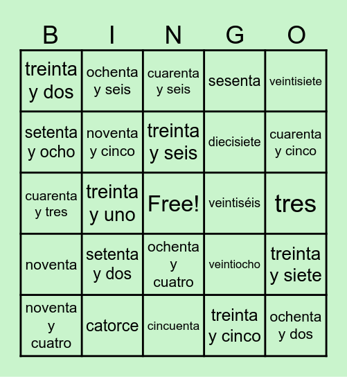 Spanish Numbers! Bingo Card