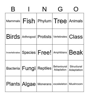 Diversity Of Living Things Bingo Card
