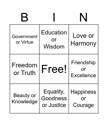 Plato's Forms Bingo Card