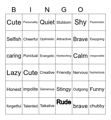 Personal Traits Bingo Card