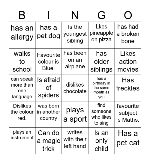 Class Icebreaker Bingo Card