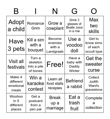 Sims 4 Gameplay Bingo Card