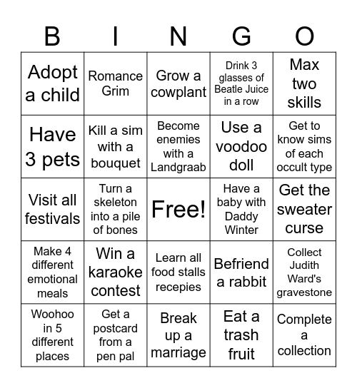 Sims 4 Gameplay Bingo Card