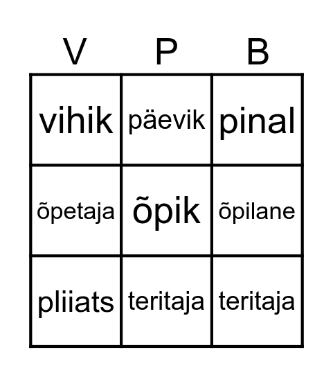 Vastlapäeva Bingo Card