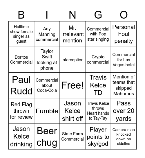 Super Bowl 2024 Bingo Card