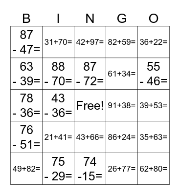 Addition and Subtraction (w/ regrouping) Bingo Card