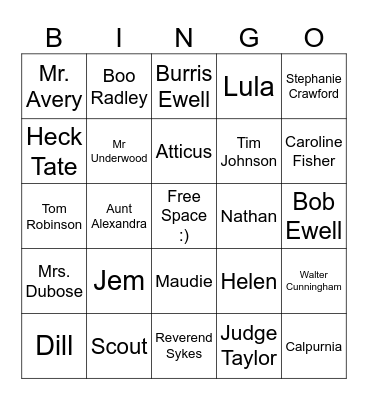 To Kill a Mockingbird Bingo Card