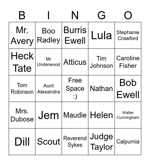 To Kill a Mockingbird Bingo Card