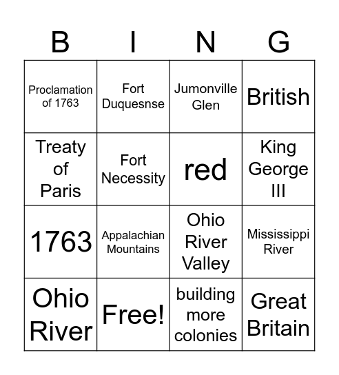 The French and Indian War Bingo Card