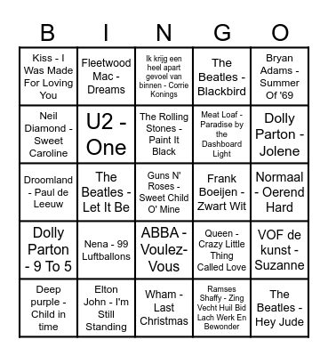 Muziek bingo Stadskamer Bingo Card