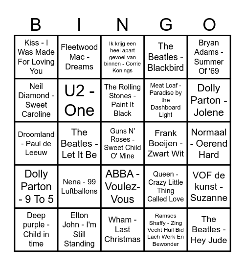 Muziek bingo Stadskamer Bingo Card