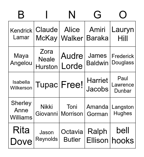 AP - 1 Black Poetry & Prose Writers Bingo Card