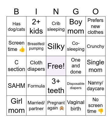 Mom Bingo Card