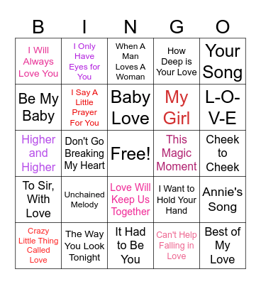 Musical Bingo: Love Songs Bingo Card