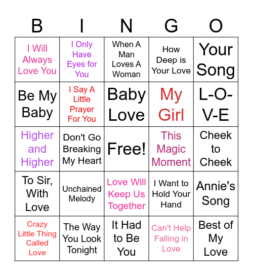 Musical Bingo: Love Songs Bingo Card