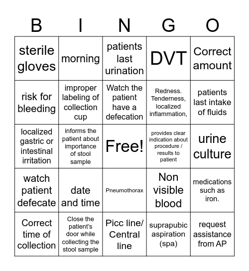 Specimen Collection Bingo Card