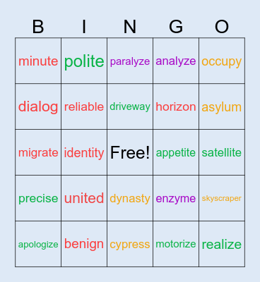 Long i Bingo Card