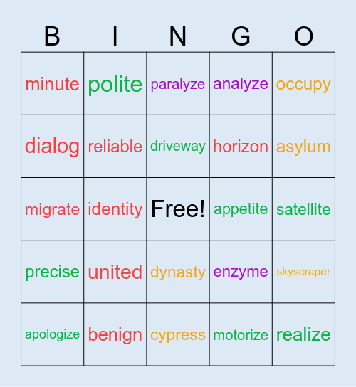 Long i Bingo Card