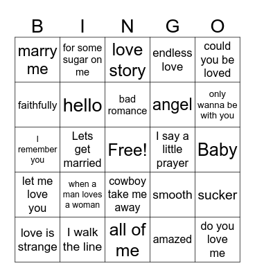 Love Songs Bingo Card