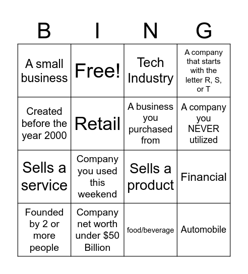 What is the Business ? Bingo Card